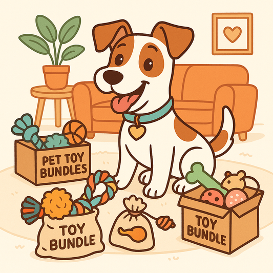 Dog with various pet toys