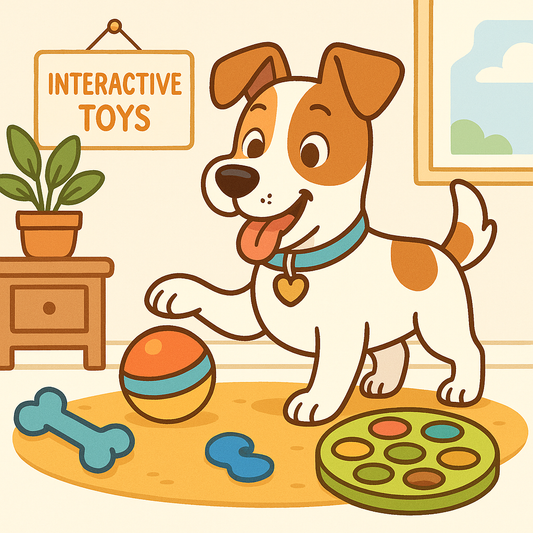 Happy dog with colorful toys