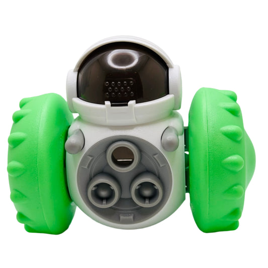 A interactive pet feeder toy designed to look like a robot with yellow and gray colors.