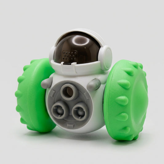 A interactive pet feeder toy designed to look like a robot with yellow and gray colors.