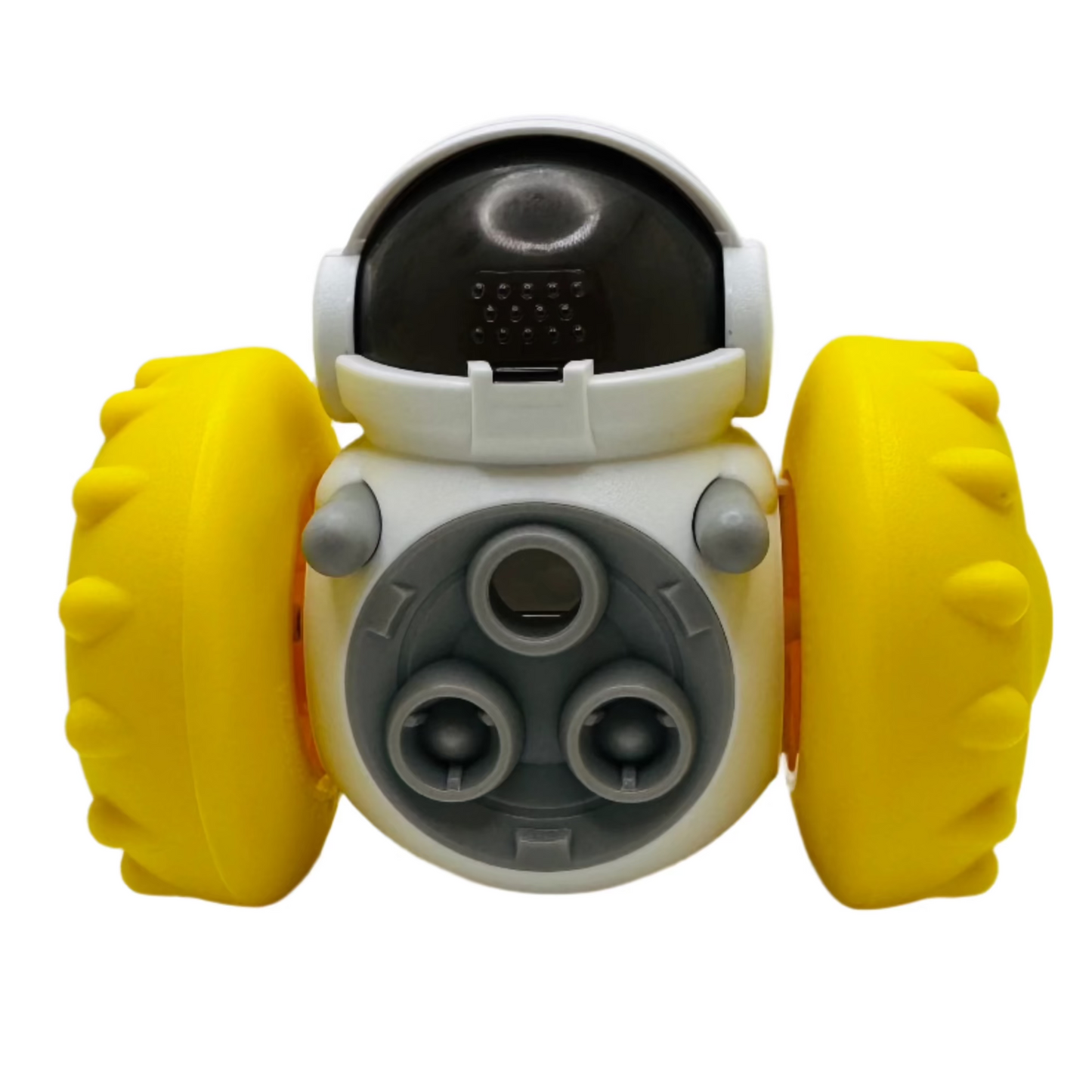 A interactive pet feeder toy designed to look like a robot with yellow and gray colors.