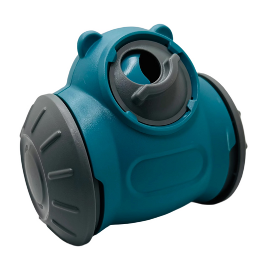 A blue interactive bear-shaped dog slow feeder made from durable materials, designed to dispense treats.