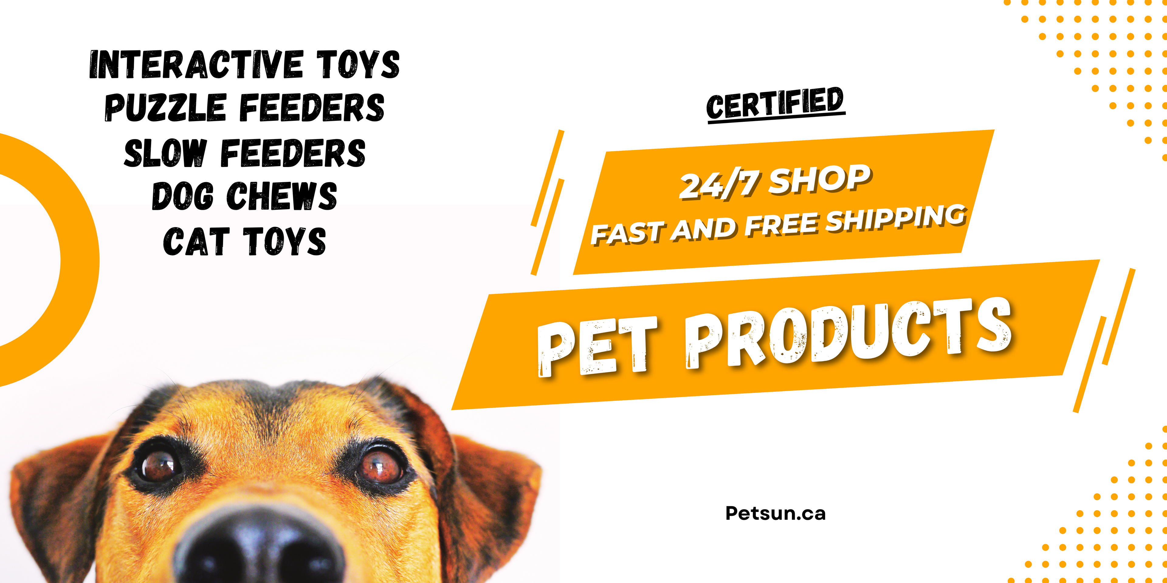 Advertisement for pet products with a dog's face and promotional text on a white background.