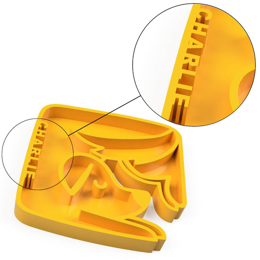 Yellow Slow feeder dog and cat bowl with 'CHARLIE' customization