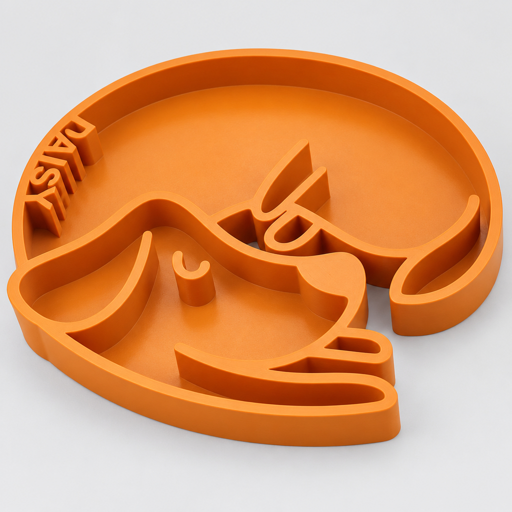 Orange Personalized Pet Puzzle Feeder Bowl, dog shaped, with a personalized name