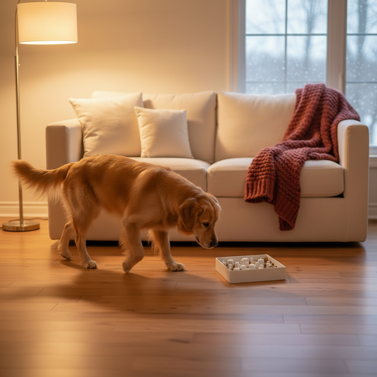 A golden retriever dog is on a hardwood floor in a cozy living room, looking at a small slow feeder bowl placed in front of a cream-colored sofa with a red knit blanket.