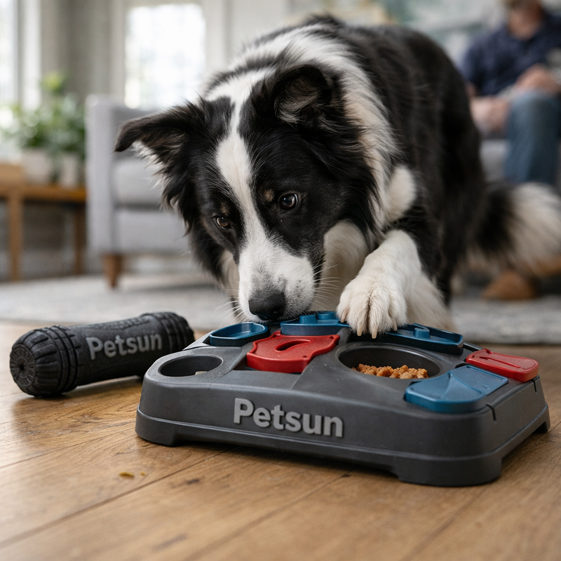 Border Collie using Petsun interactive feeder and toys indoors
