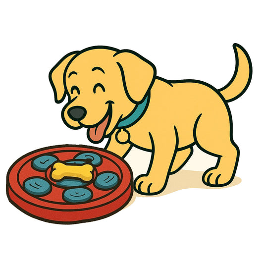 Happy Labrador eating from a colorful slow feeder dog bowl with puzzle patterns