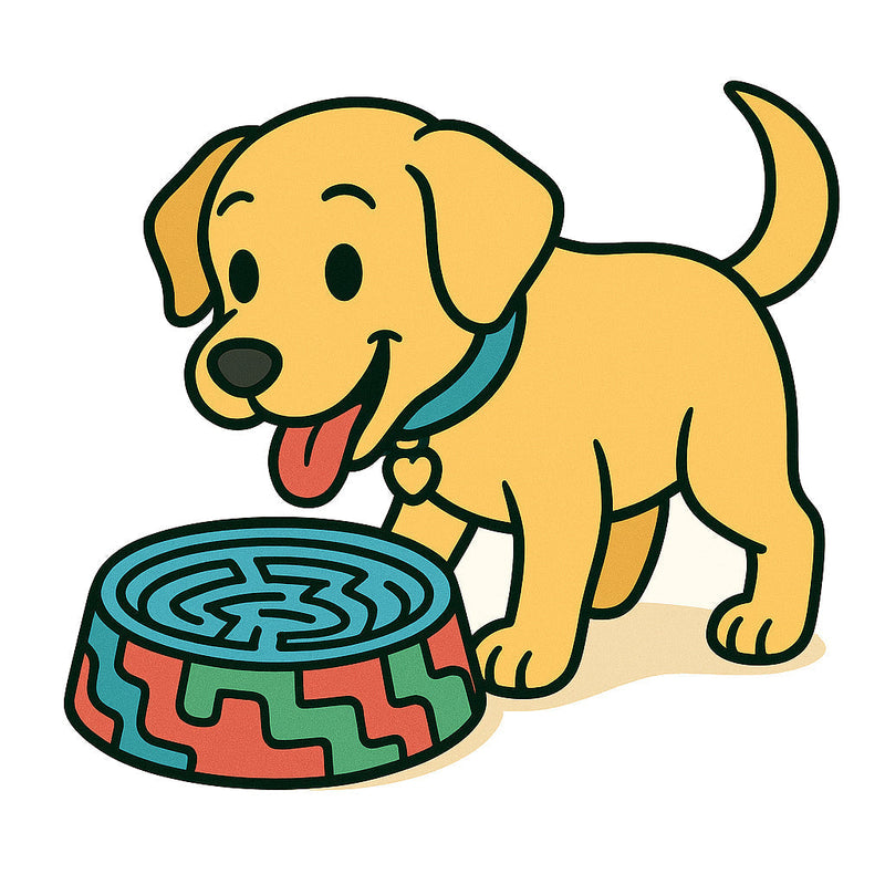 Golden Retriever using a puzzle-patterned slow feeder dog bowl for large breeds in Canada.
