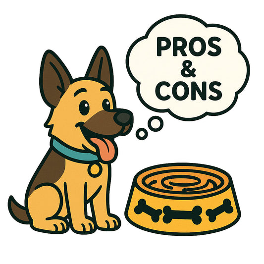 German Shepherd eating from a colorful interactive slow feeder dog bowl with puzzle patterns in Canada.