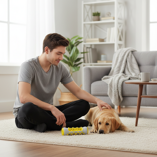 Labrador puppy with a molar chew and dental toy at home