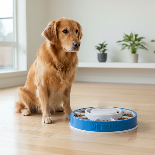 Golden Retriever with Petsun puzzle feeder for mental stimulation and slow feeding.