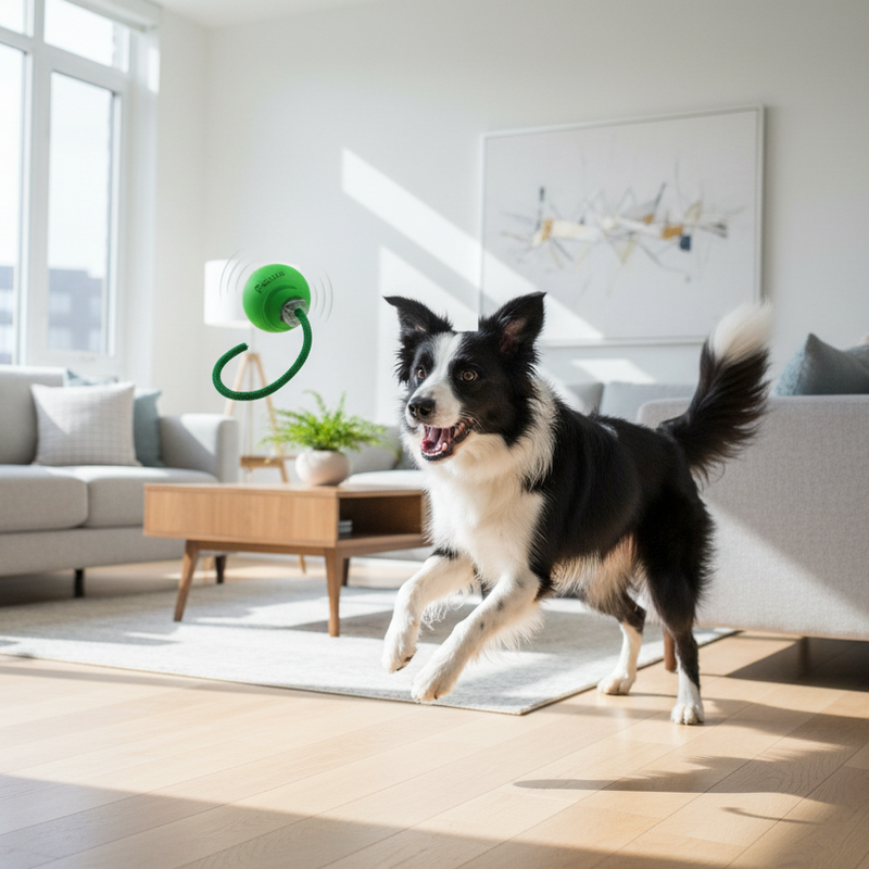 An enthusiastic Border Collie chasing a Petsun vibrating shaking ball toy in a modern living room.