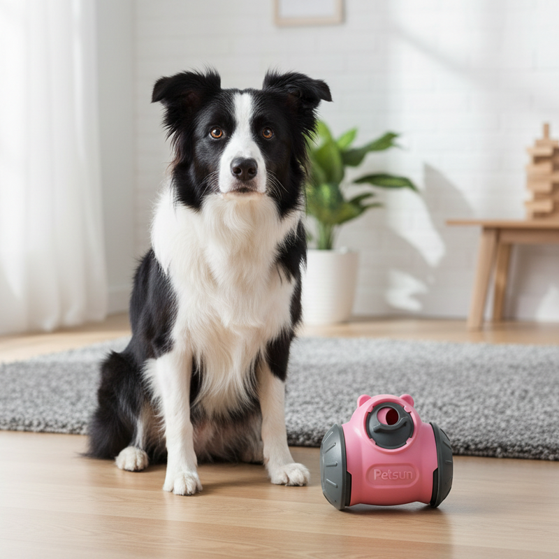 A smart Border Collie sitting calmly next to a Petsun interactive dog toy in a modern home.