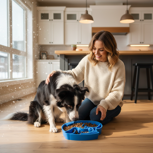Custom puzzle feeder for a smart Border Collie in a cozy Calgary home