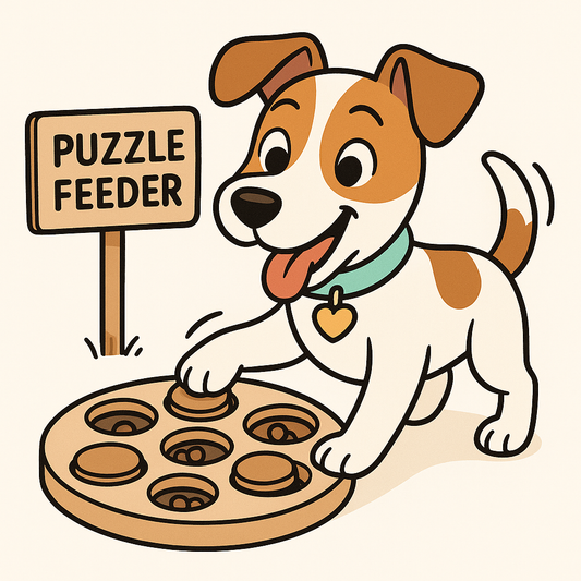 Happy dog playing with a puzzle feeder