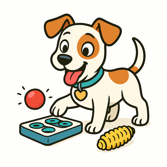 Dog playing with various toys