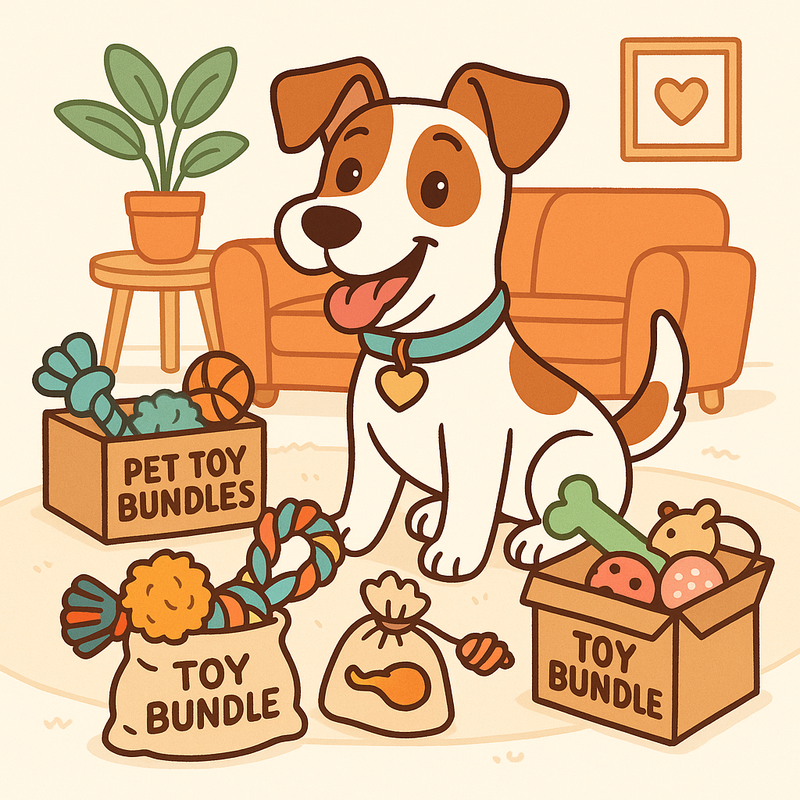 Dog with various pet toys