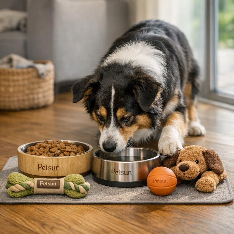Personalized dog gift for birthday with calm dog and branded bowl