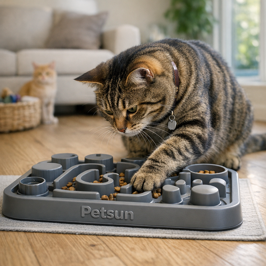 Indoor tabby cat using a Petsun puzzle feeder to slow eating and support enrichment.