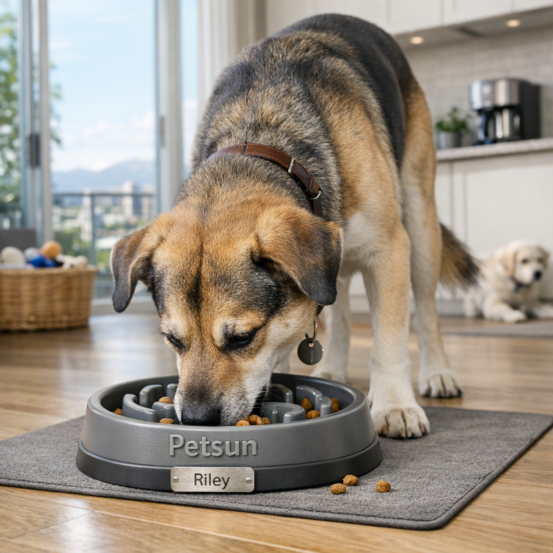 Dog eating from a Petsun branded personalized slow feeder bowl in a modern kitchen