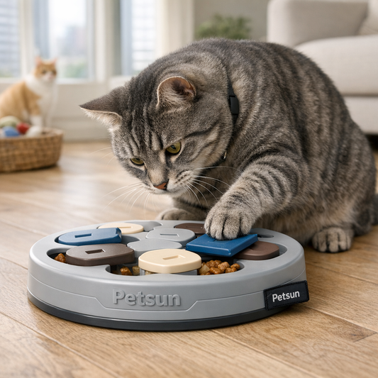 Cat using a Petsun treat puzzle toy to boost daily activity indoors.