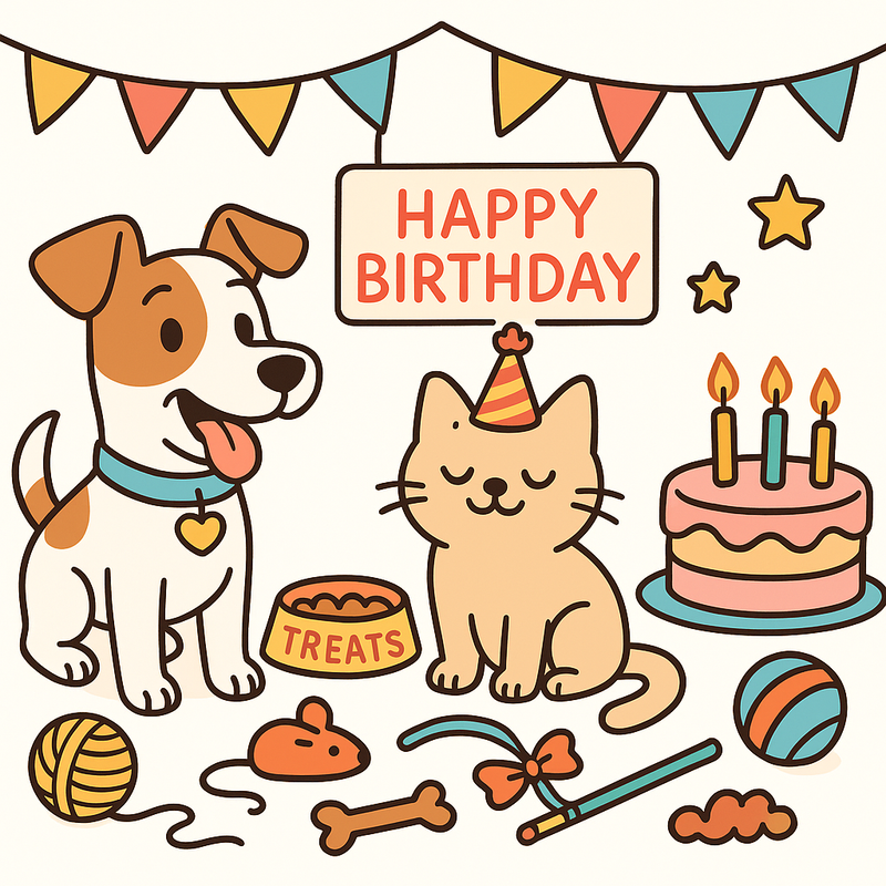 cat birthday celebration with toys