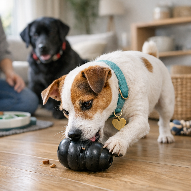 Black Labrador using a durable interactive treat dispenser designed for chewers during dog enrichment time.