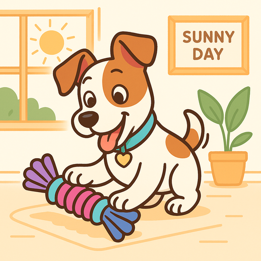 Puppy chewing on a colorful toy