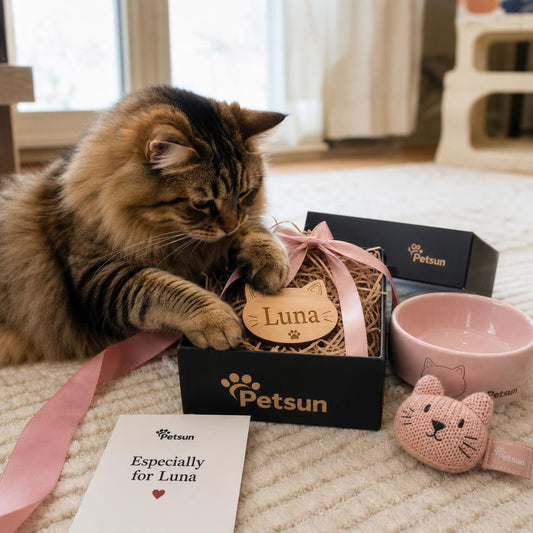 Personalized cat gift ideas in Canada featuring a cat using a custom puzzle feeder in a cozy home