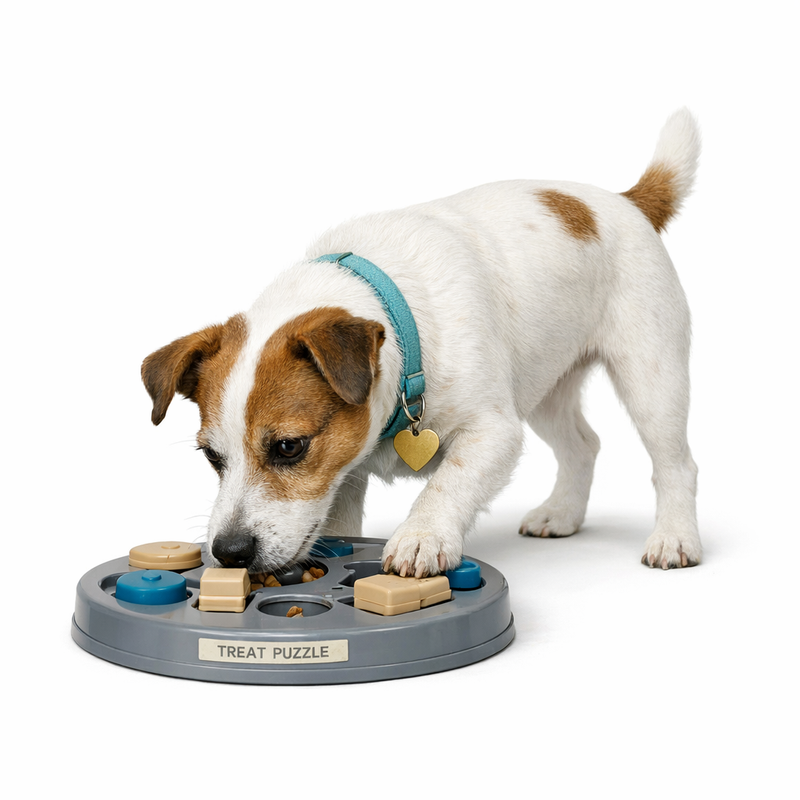 Dog using interactive feeder