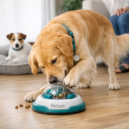 Golden Retriever using an interactive treat dispenser for dog enrichment indoors.