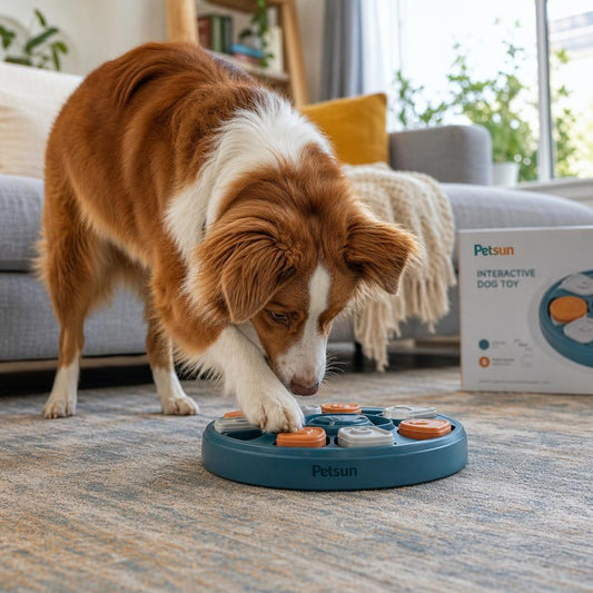 Active dog enjoying interactive toys and puzzle feeders in a cozy Canadian home