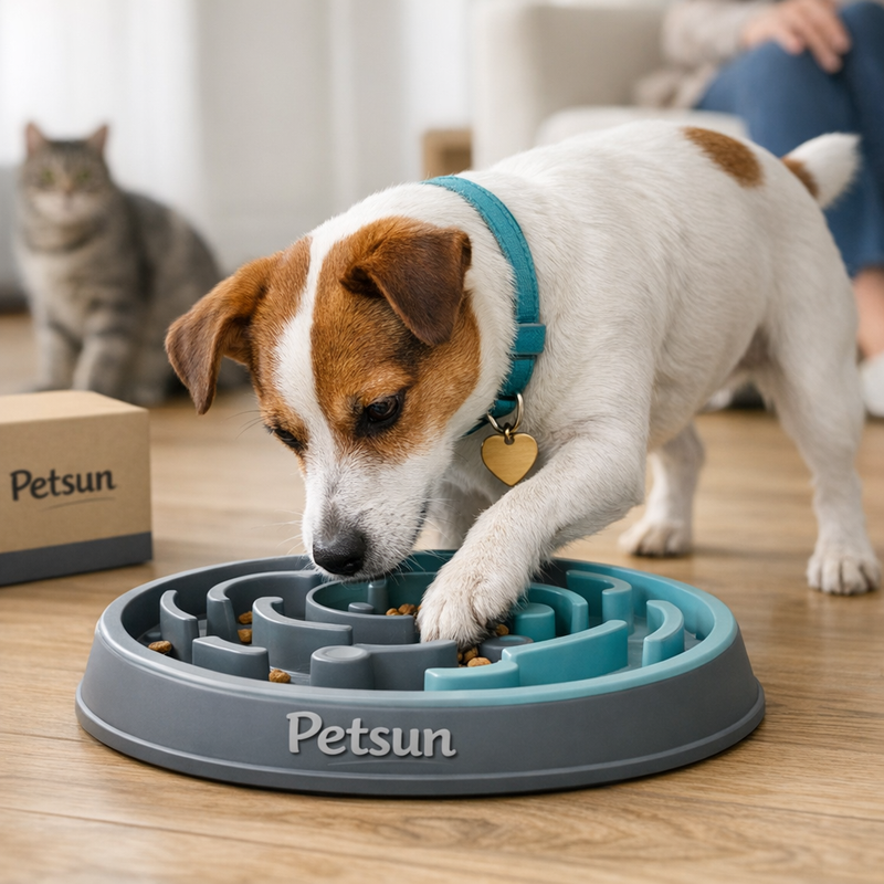 Grey tabby cat using a Petsun branded cat puzzle feeder to slow eating and encourage hunting behavior.