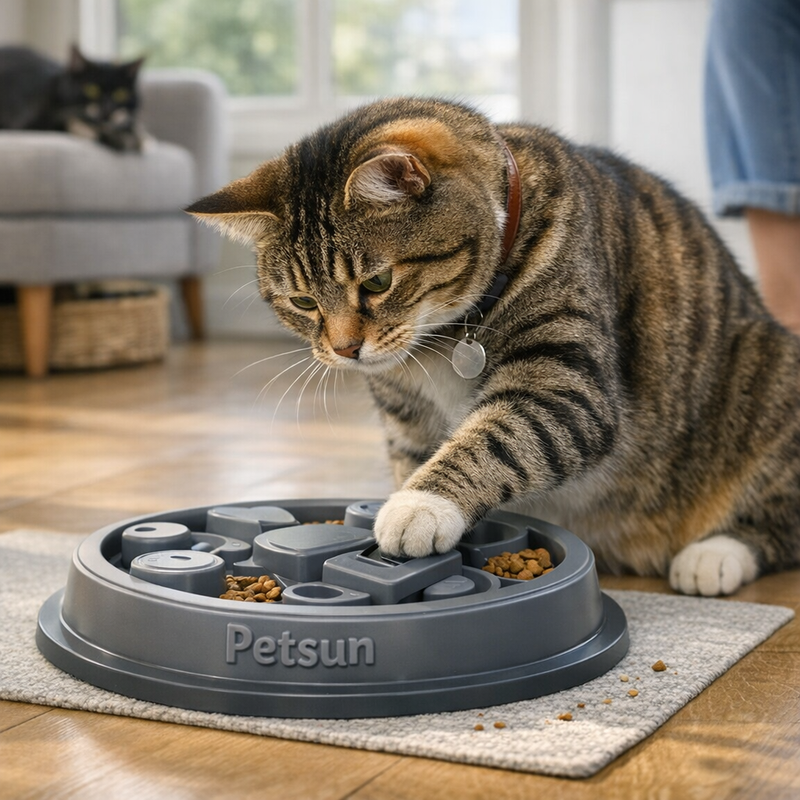 Tabby cat using a Petsun branded puzzle feeder to slow eating and reduce overeating.