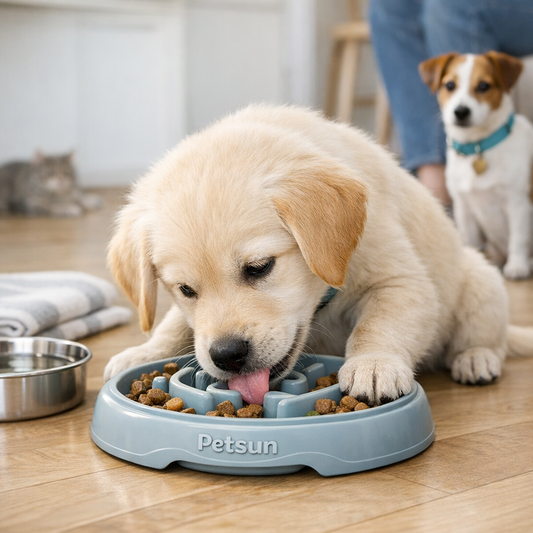Golden Retriever puppy calmly eating from a slow feeder puzzle bowl for day one training and dog enrichment.