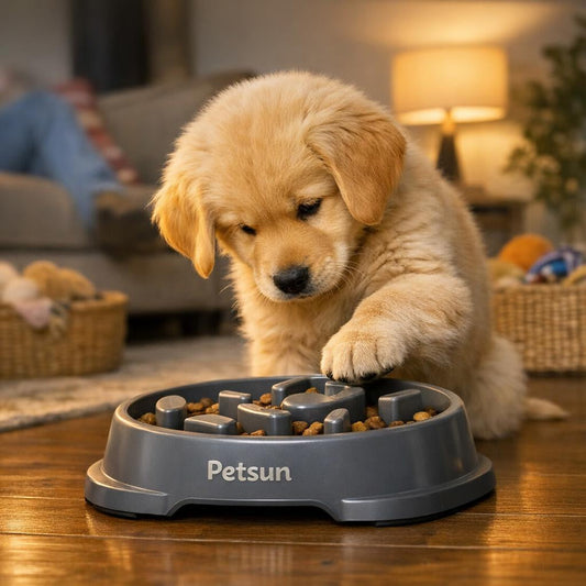 Puppy using puzzle feeder for calm eating at home