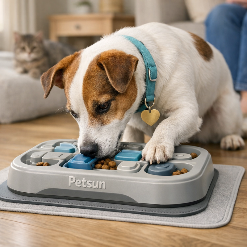 Golden Retriever using a Petsun branded food puzzle feeder at home for dog enrichment and slower eating.