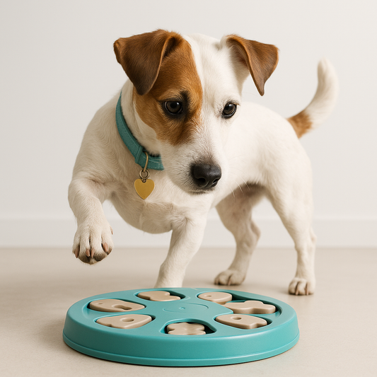 Jack Russell Terrier using puzzle feeder