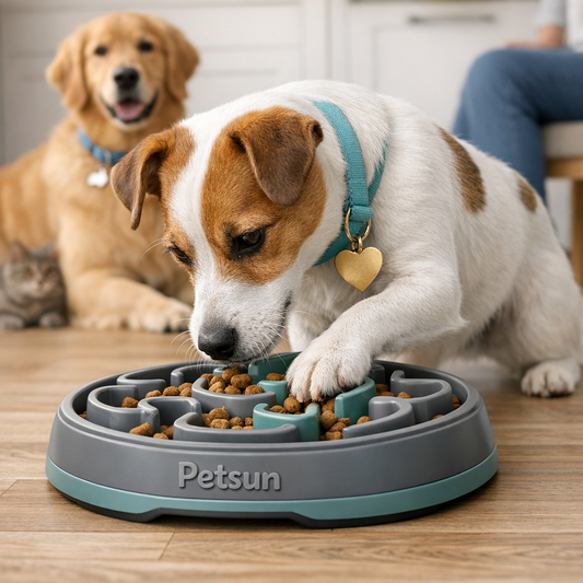 Golden Retriever eating from a puzzle feeder slow feeder toy to slow down eating in a bright kitchen.