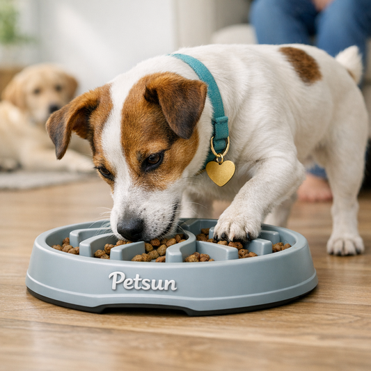 Golden Labrador puppy using a beginner puzzle feeder for mental work and slow eating.