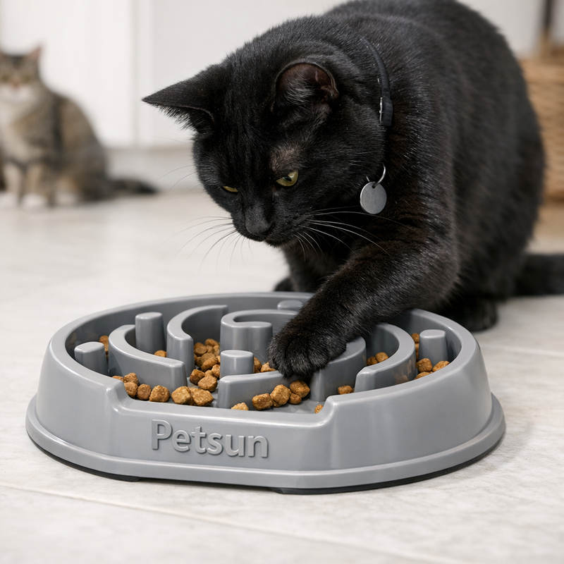 Black cat using a Petsun puzzle feeder as a durable enrichment gift for cats that destroy normal toys.