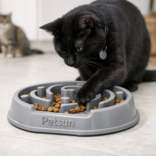 Black cat using a Petsun puzzle feeder as a durable enrichment gift for cats that destroy normal toys.