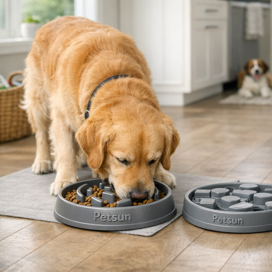 Golden Retriever using a Petsun slow feeder dog bowl beside a puzzle feeder in a bright kitchen.
