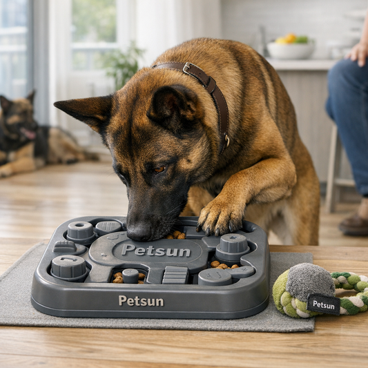 Belgian Malinois using a Petsun interactive dog feeder puzzle feeder for dog enrichment at home.