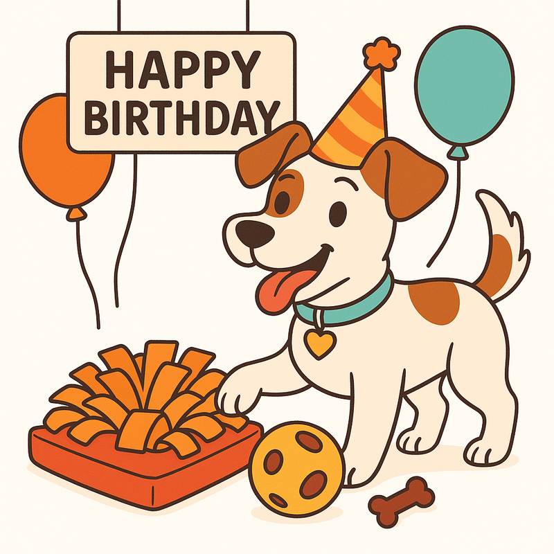 Dog birthday celebration with toys