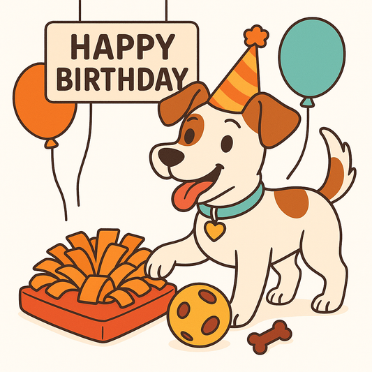 Dog birthday celebration with toys