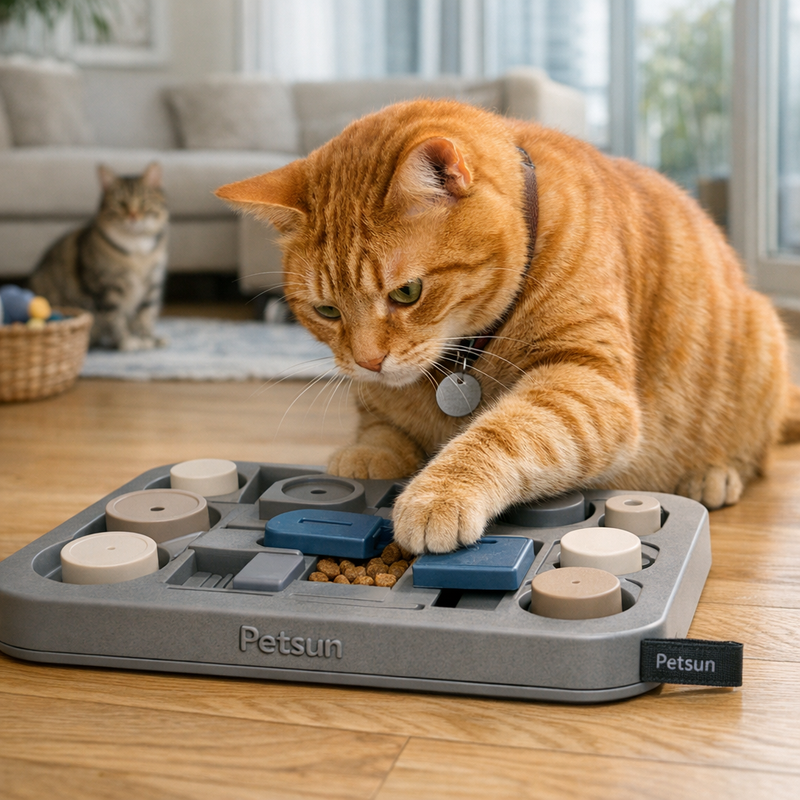 Orange tabby using a Petsun interactive cat feeder puzzle for mental stimulation