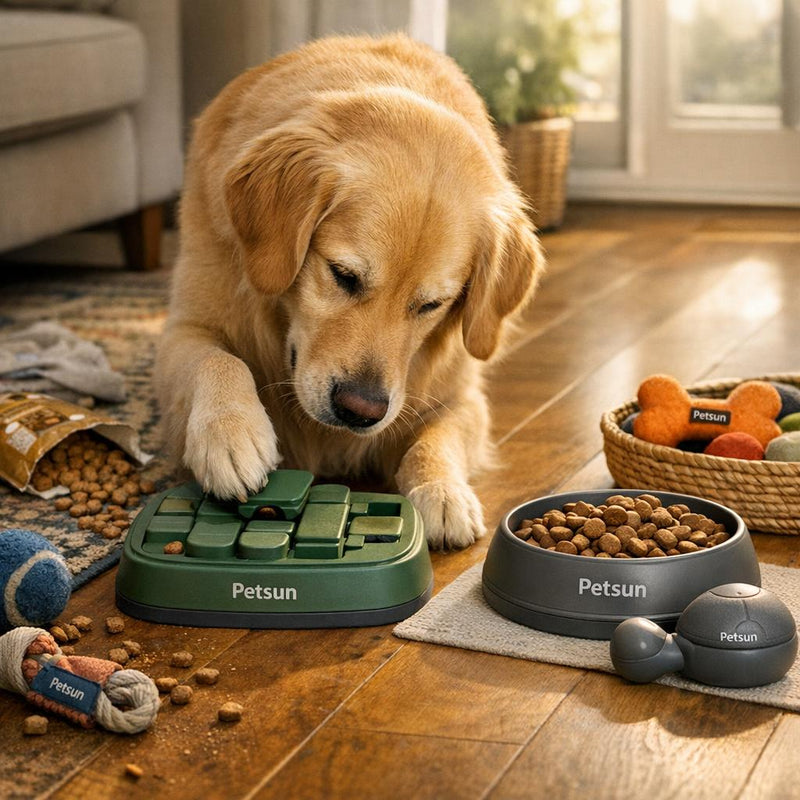 Personalized dog gift ideas with slow feeder and calm dog at home