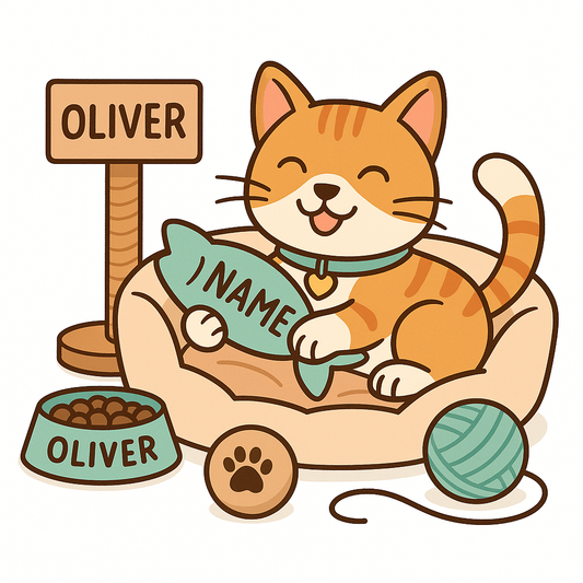 Cozy cat with personalized toys.
